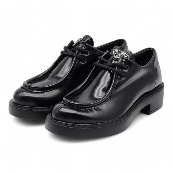 Prada Triangle Logo Lace-Up Shoes - Brushed Leather - Black 35.5 5.5US $1250 - Picture 2 of 9